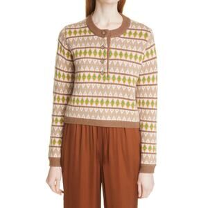 La Ligne Fair Isle Merino Wool Tan Henley Crewneck Pullover Sweater Size L